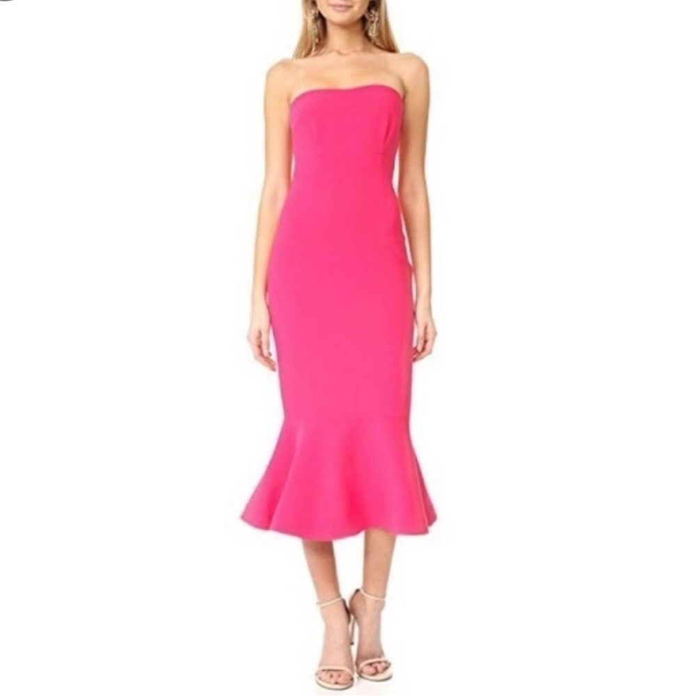 Cinq A Sept- Hot Pink “Luna” Strapless Ruffle Midi Dress